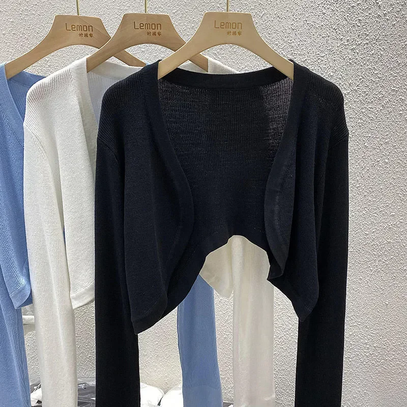 Cardigan corto lavorato a maglia Protezione solare Cappotto sottile Tinta unita Top a maniche lunghe da donna Semplice casual Prospettiva di base Colletto aperto