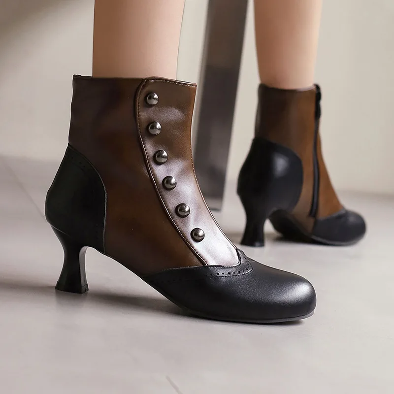 Autumn and Winter Women Boots Color Blocking Metal Rivets High Heels Round Toe Leather 5.5CM Square Heel Side Zipper Short Boots