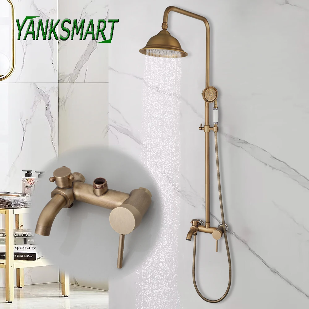 YANKSMART Antique Brass Bathroom Shower System Set Wall Mounted Sliding Bar Bath Shower Rainfall Swivel Spout Mixer Water Faucet