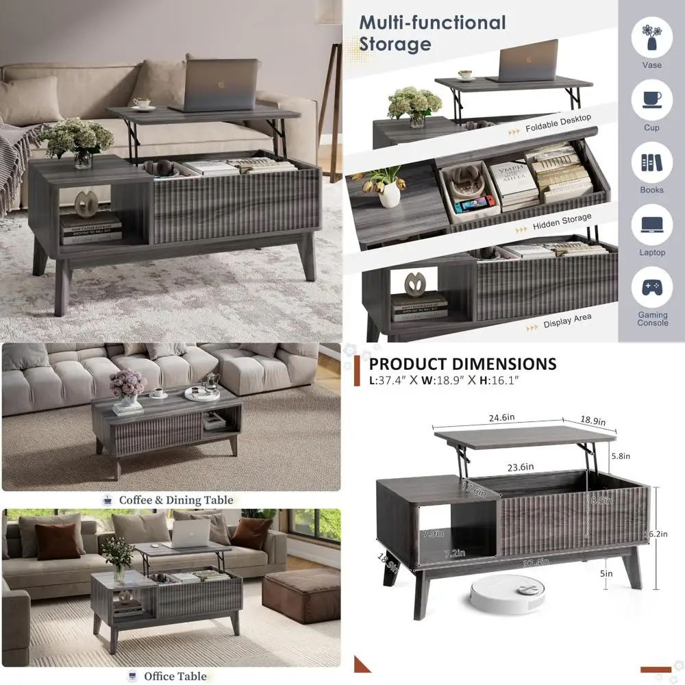 

Modern Grey Fluted Lift Top Coffee Table with Storage for Living Room and Home Office
