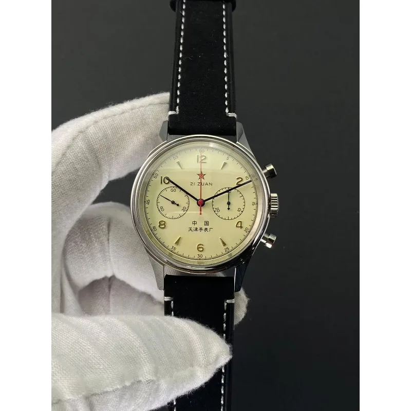 ل 1963 الطيران الطيران كرونوغراف طبق الاصل دليل لف الميكانيكية ساعة رجالي كريم أصفر الفولاذ المقاوم للصدأ مقاوم للماء الرجال #6