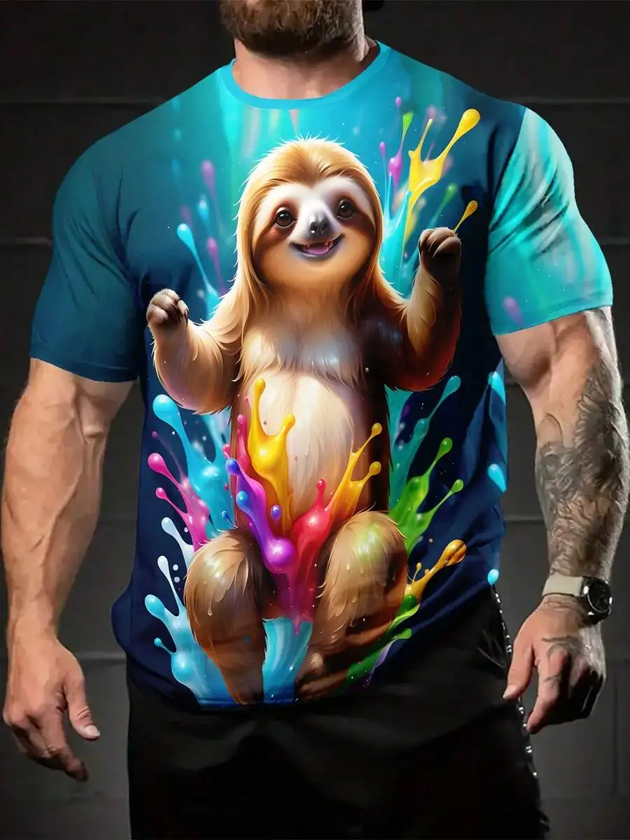 

Mens Digital Print Sloth Colorful All Over Print Short Sleeve T-Shirt Casual Sports Top