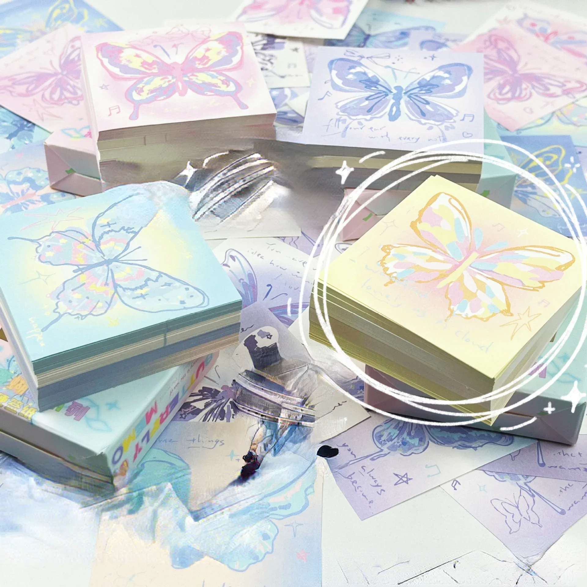 200PCS Gradient Butterfly Cohesionless Memo Pad Summer Collection Artistic Functional Notebooks Premium Pretty Office Supplies