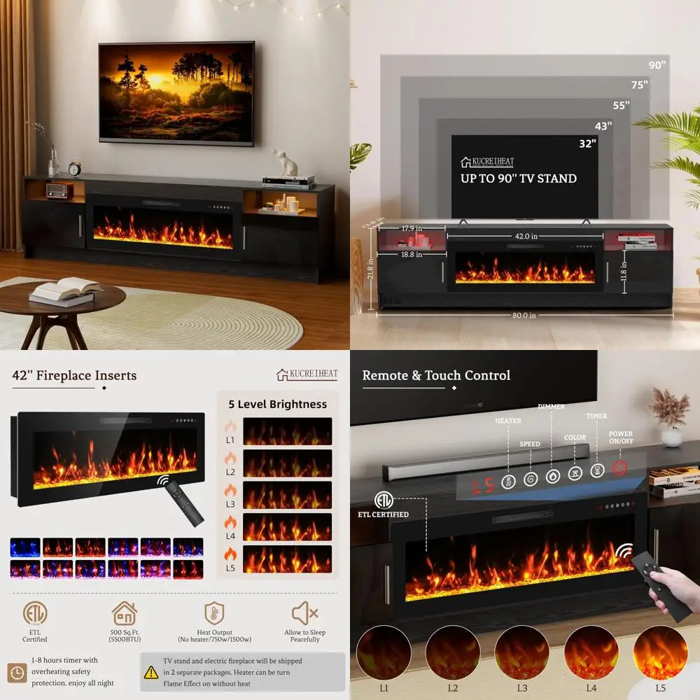 حامل تلفزيون حديث 80 مع 42 مدفأة مدمجة وإضاءة LED وتخزين لأجهزة التلفاز الكبيرة حتى 90 - مركز ترفيه أنيق باللون الأسود