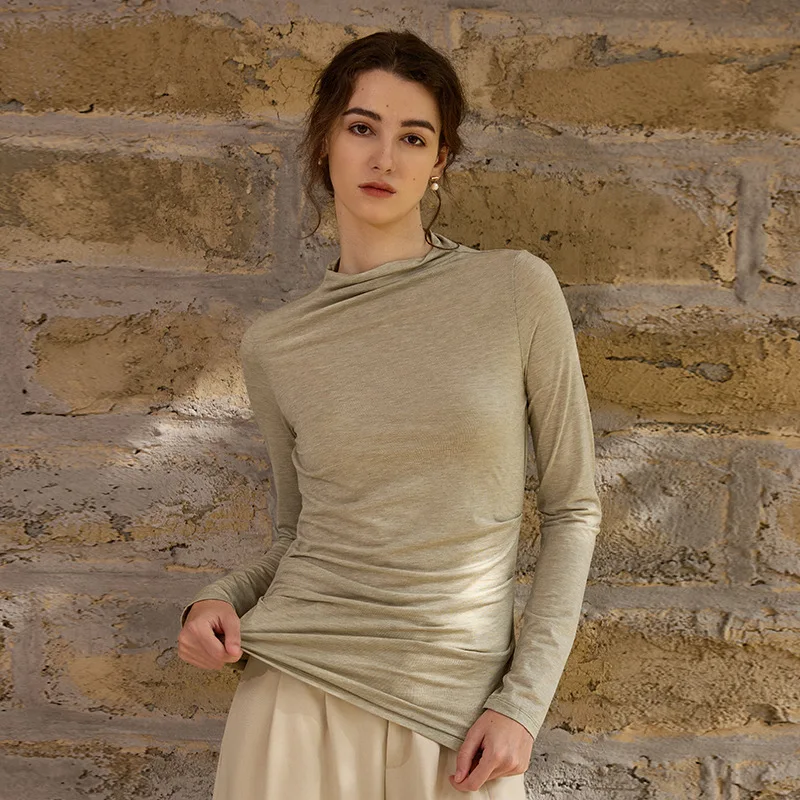 

Women Autumn Wool T-shirt Half-high Collar Long Sleeve Slimming Fit Vintage Soft Casual Basic Streetwear Fashion Female Shirts