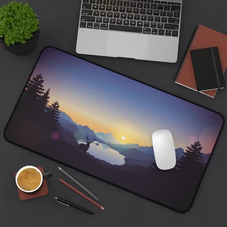 サンセットレイクデスクマット：風光明媚な山の鹿マウスパッド