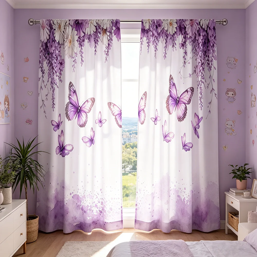 2PCS Butterfly Violet Curtains, Purple Floral Insect Print, Window Drapes for Living Room Bedroom Home Decoration