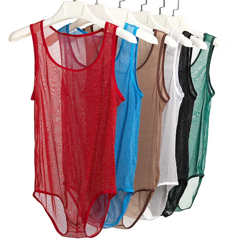 Men Tight Undershirt Transparent Mesh Vest Sexy Gay Underwear Male Condole Belt Tank Tops Jumpsuit Pajamas