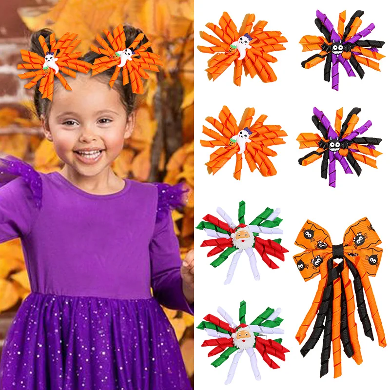 Oaoleer 2Pcs Halloween Curly Ribbon Hair Bows Clips for Baby Girl Cute Ball Flower Hairpin Kids Headwear Child Hair Accessories