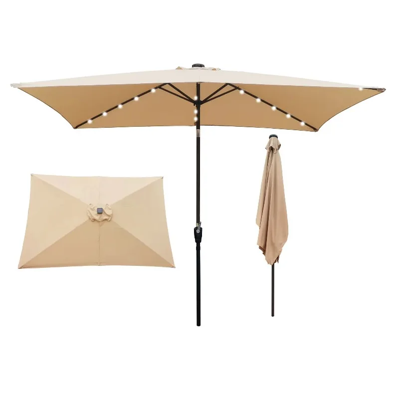 Rectangular patio umbrella 10 x 6.5 feet LED light with solar powered hand cranked sloping outdoor garden pool umbrella