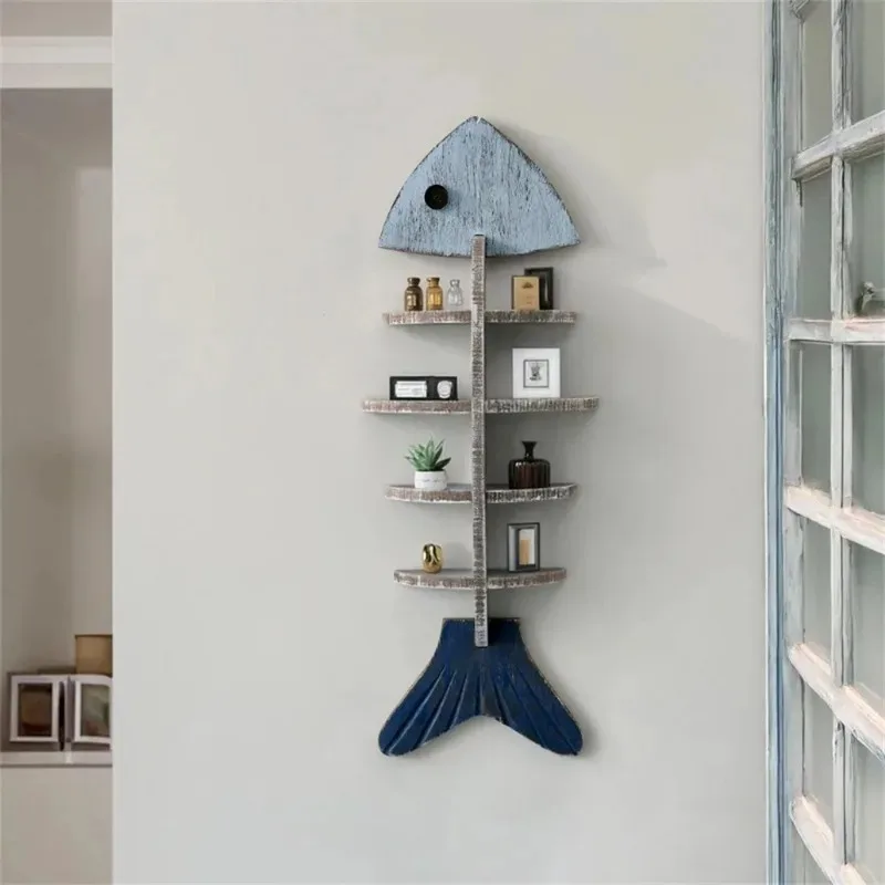 Mediterranean Style Wooden Fish Skeleton Wall Shelf Decorative Hanging Storage for Home or Coastal-Themed Rooms, Nordic Design