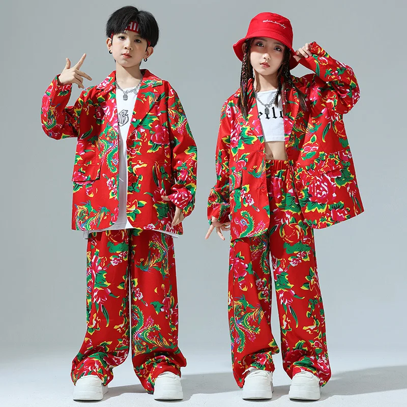 Kid Chinese Hip Hop Clothing Red Floral Print Blazer Jacket Coat Casual Wide Pants for Girl Boy Jazz Dance Costume Clothes Set