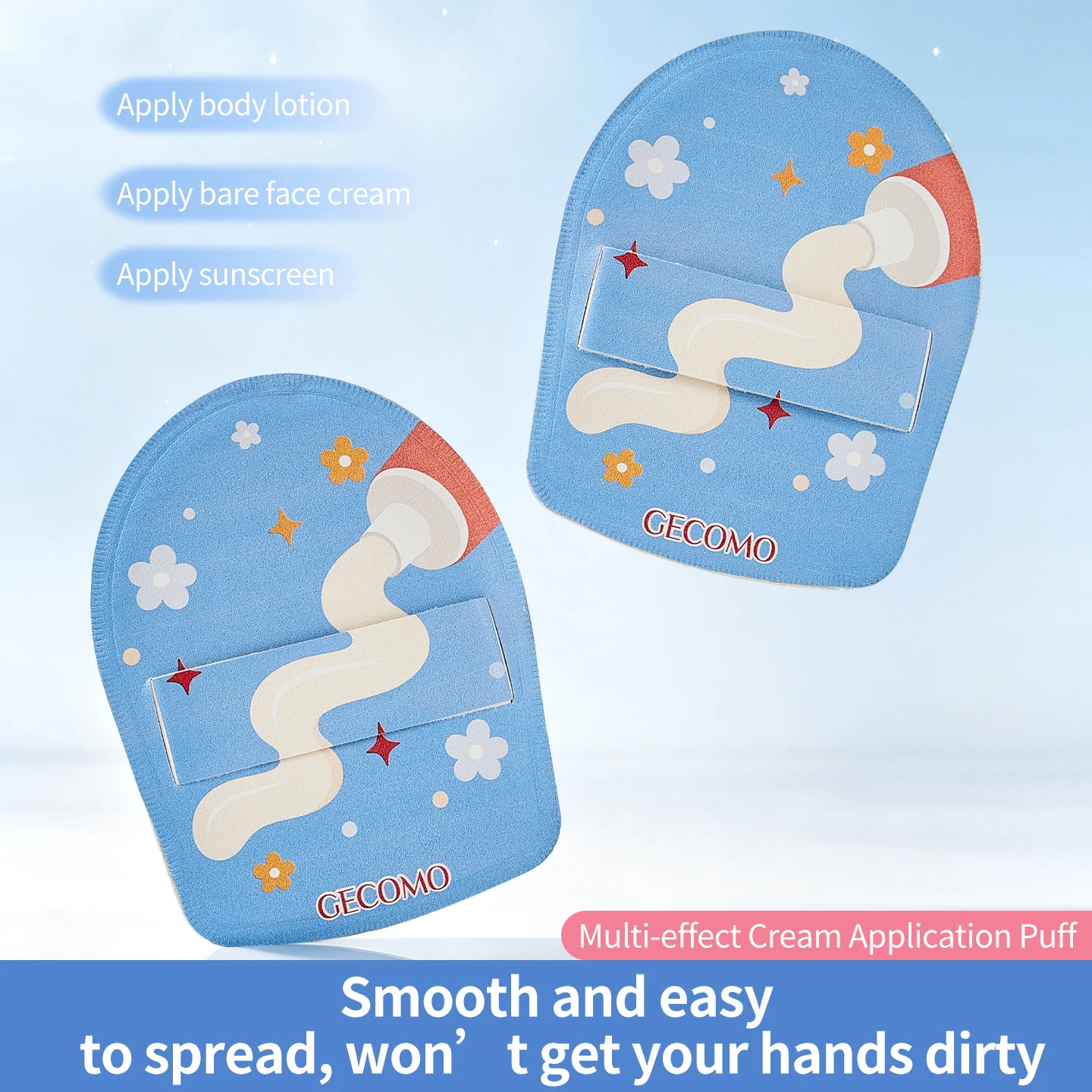 GECOMO Large Body Cream Applicator Puff 4-Finger Strap Sponge for Lotion Sunscreen Moisturizer Fast Even Reusable Washable Tool