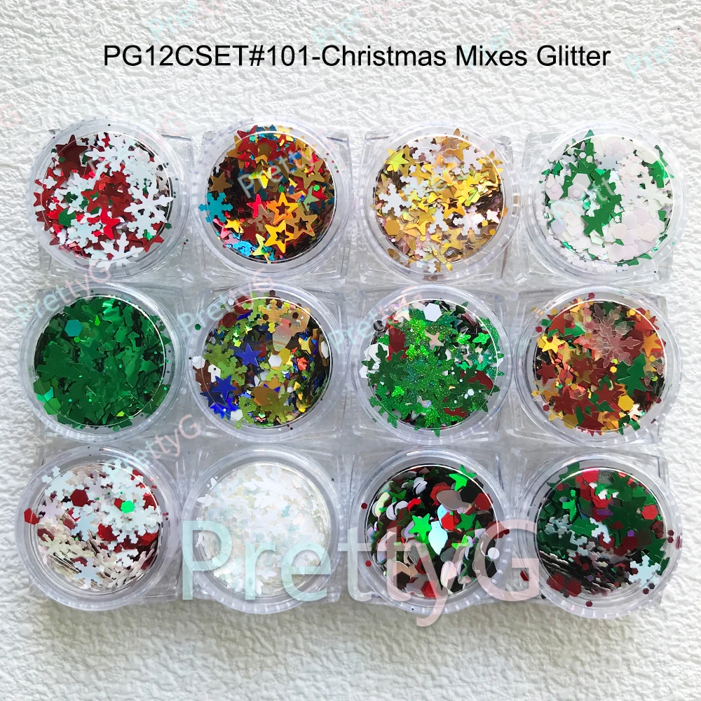PrettyG 12 ألوان مجموعة عيد الميلاد مكتنزة يمزج بريق السائبة مسمار عيد الميلاد ندفة الثلج بريق الترتر DIY بها بنفسك هلام مسمار الفن الديكور