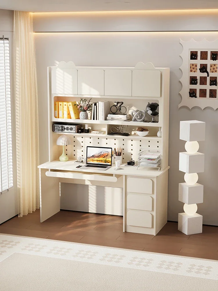 

French cream style solid wood home study wall bookcase integrated computer desk