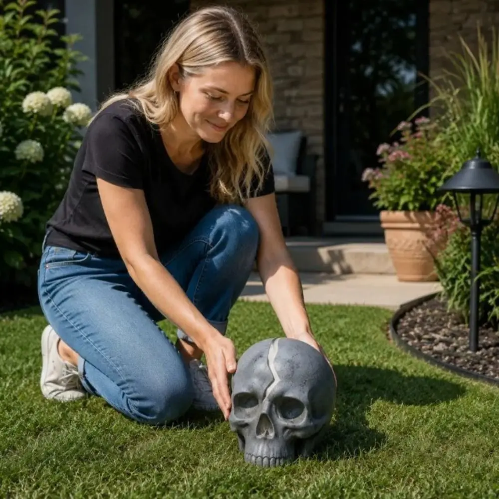 Waterproof Solar Garden Lamp Solid Resin Realistic Skull Shape Outdoor Yard Decor Fine Texture Details Sturdy Structure