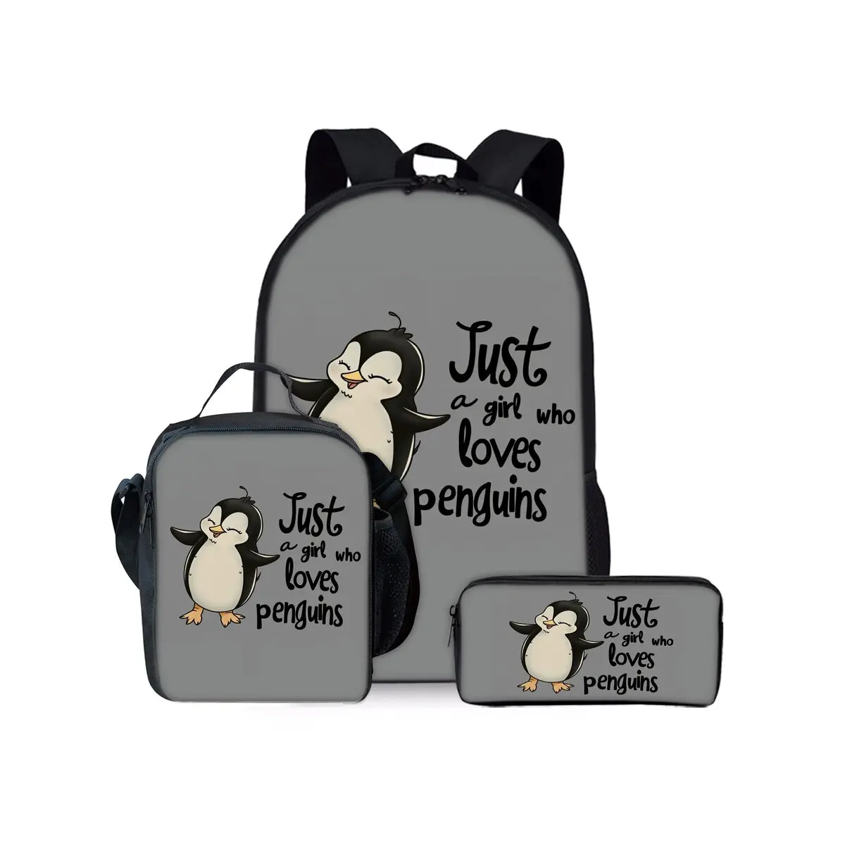 Penguin Print Three Piece Backpacks Set for Boy and Girls Best Gifts 2D Flat Cartoon School Bag for Children