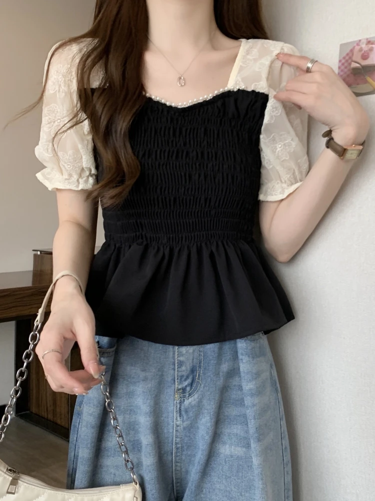 

Chic Lace Short Shirt Women Summer plus Size Slimming Square Collar Top Korean Style Bubble Sleeve Pleated Loose Fit Blouse