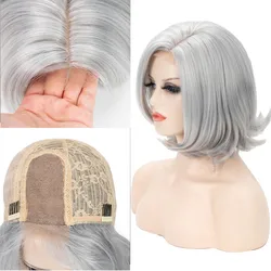 Synthetic Bob Wigs Short Silver Gray Hair For Black Women Older Straight Micro Curly With Middle Part Wig Daily Use Or Party