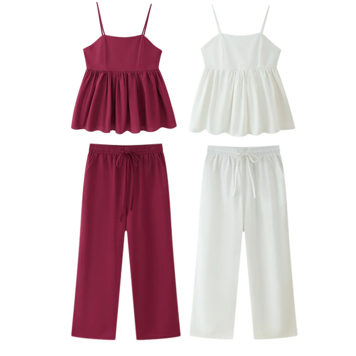 

Fashion Casual Spaghetti Strap Strapless Solid Color Slim Fit Camisole Tank Top + Elastic Waist Drawstring Wide Leg Pants Sets