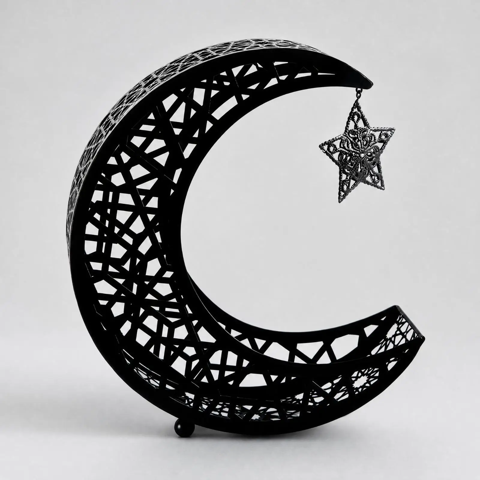 Black Iron Serving Tray with Half Moon Shape and Hanging Star for Desserts Candy and Decorative Table Display