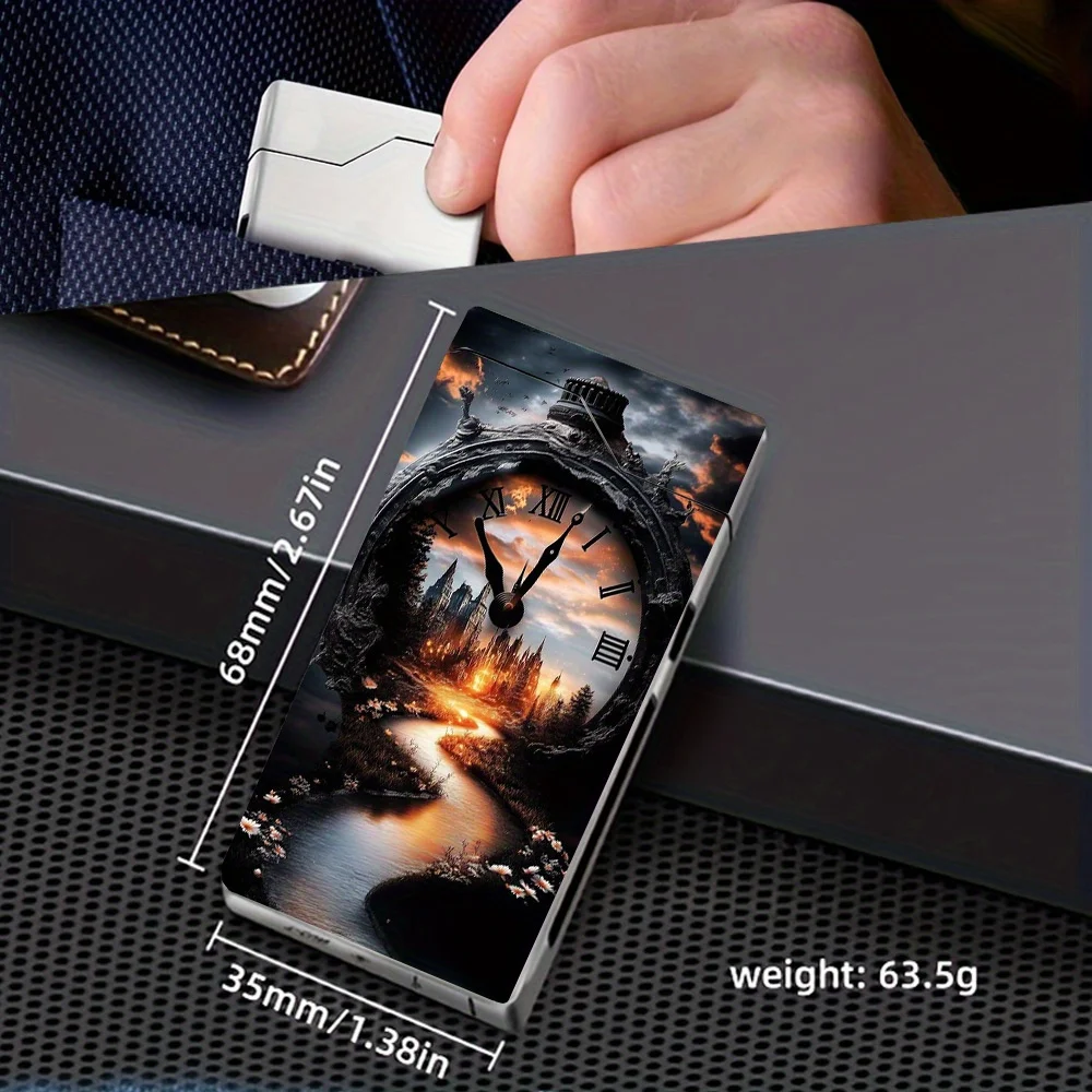 1 Piece Windproof Arc Lighter Zinc Alloy Vintage Clock Dream Landscape Print Electronic Lighter Type C Charging Dual Arc Power Display Metal Shell Outdoor Survival High Altitude Gift Box Packaging for Men