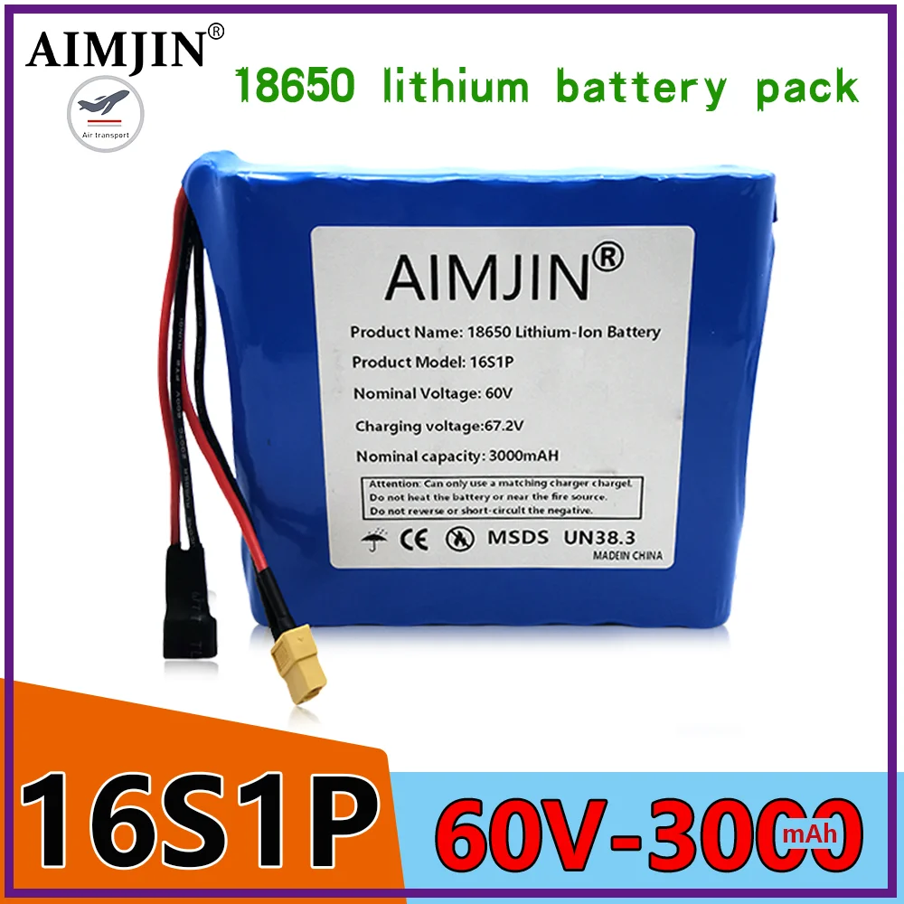 

3000mAh rechargeable battery For self-balancing scooter electric unicycle 60V 3.0Ah lithium 16S1P 18650 battery pack with BMS