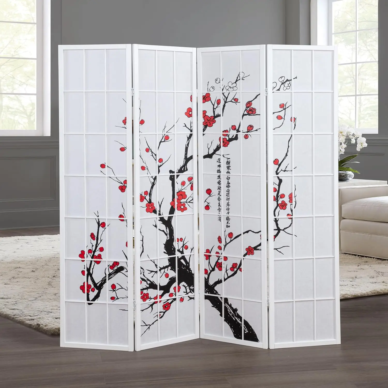 Foldable Japanese Shoji Room Divider Privacy Screen, 4 Panel Wooden Freestanding Partition Wall Panel For Home And Office, Plum Blossom Print Rice Paper Space Separator, Traditional Zen Decor, White