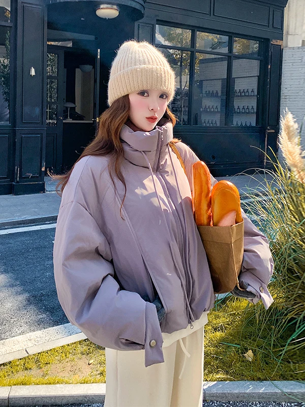 멋진 퍼플 디스트링 스탠드 칼라 여성용 다운 재킷 겨울 따뜻한 외투 캐주얼 루즈핏 폴리에스터 섬유