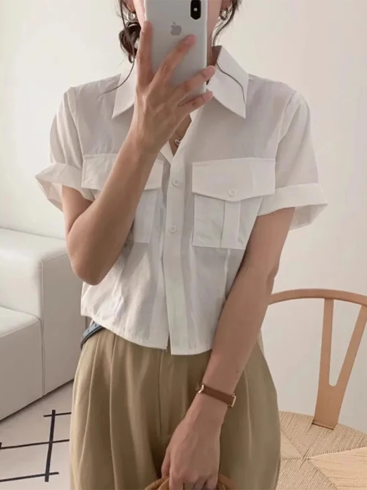 

Chic Summer Vintage Collar Workwear ket Design Loose Casual Versatile ort Sve irt Women's Faion Korean Sle