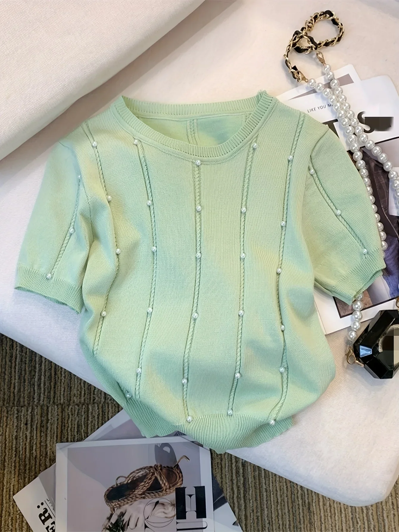 

2025 New Thin Solid Color Crew Neck Beaded Sweater Chic Short Sleeve Knit Top For Spring & Summer Women's Clothing Crop Top