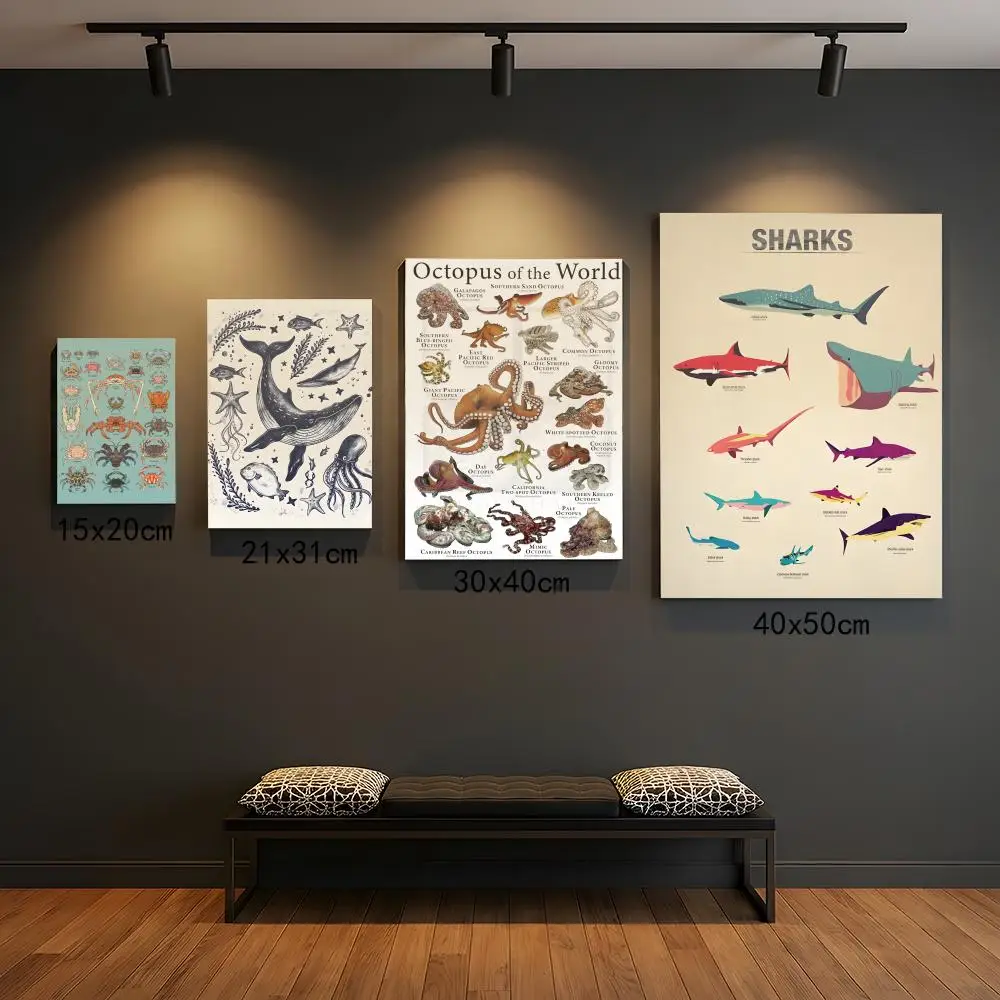 Póster de Animales Marinos: Ballenas, Tiburones, Conchas, Tortugas, Pulpos, Peces, Vida Marina, Adhesivo Decorativo de Pared de PP Premium, Impresión HD, para el Hogar