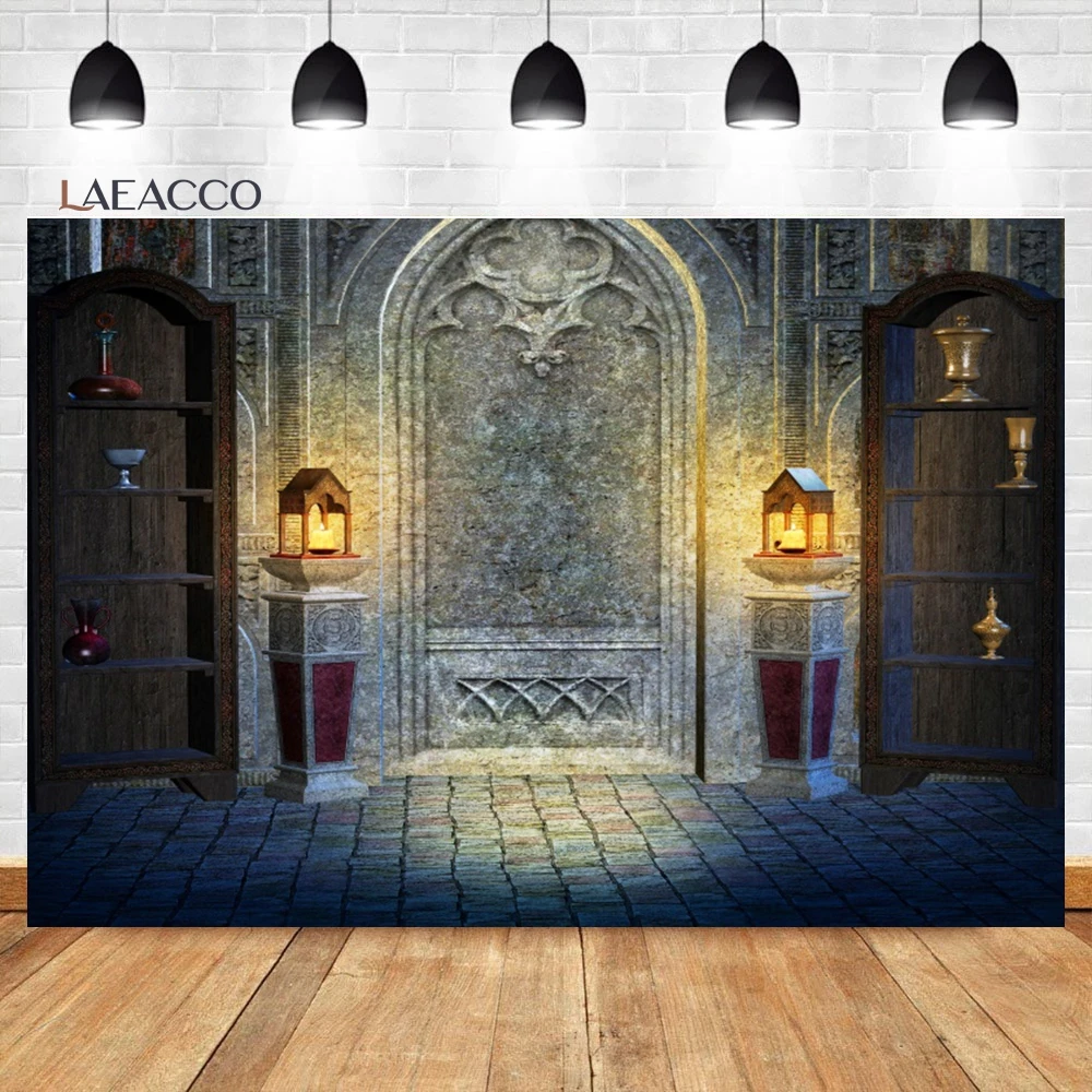 Laeacco Medieval Castle Interior Backdrop Painted Pillars Brick Floor Arched Window Kid Birthday Portrait Photography Background