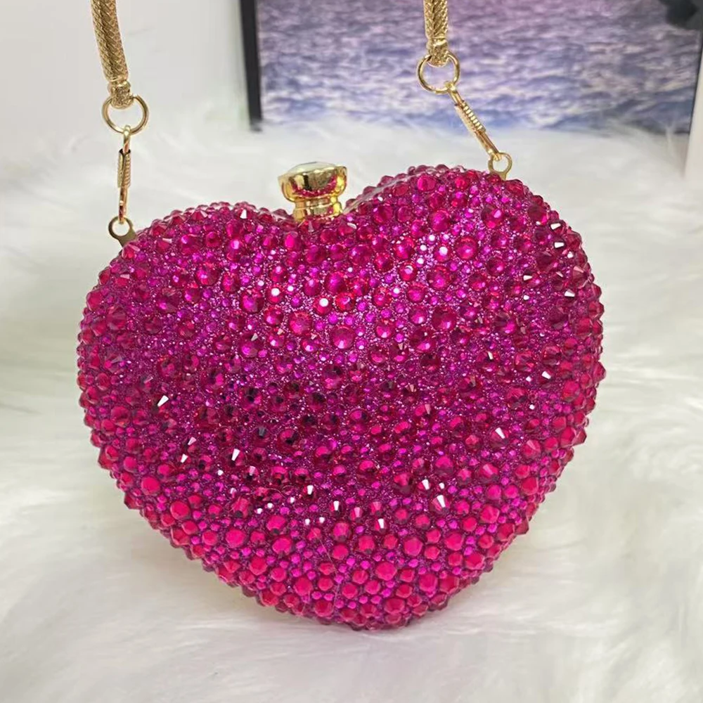 فاخر شكل قلب الماس كريستال مساء مخلب محفظة الأحجار حجر الراين حقيبة يد صغيرة لحفل الزفاف حقيبة كتف مقبض