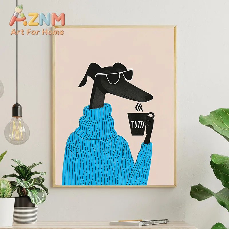 Cute Dog Coffee Poster Modern Animal Colorful Cartoon Canvas Painting Wall Art Pictures Home Decor