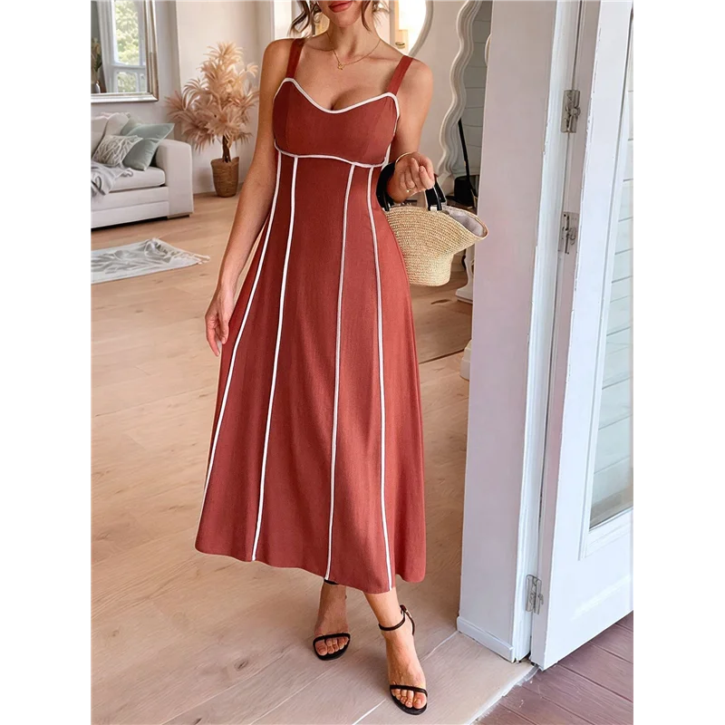 ABRT-Vestido maxi listrado feminino com alça espaguete e corte longo e fluido