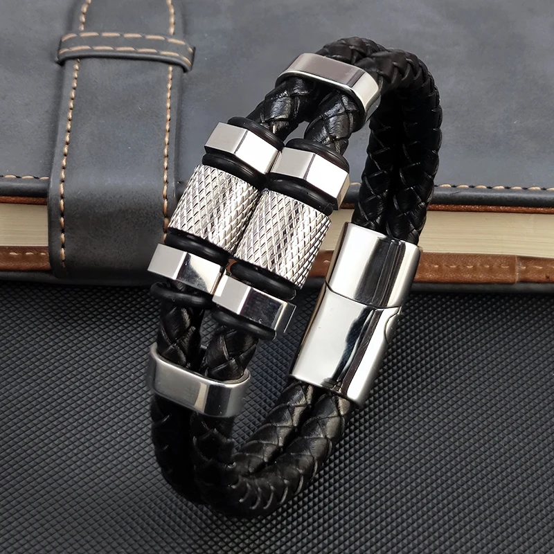 

Charm Hexagon Leather Bracelet for Men Fashion Punk Stainless Steel Magnetic Clasp Bracelet Jewelry Pineapple Grain Accessories