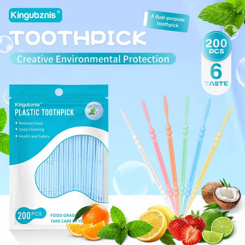 200pcs 6 Flavors Portable Plastic Toothpicks Teeth Cleaning Tools Orthodontics Brush Double End Tooth Pick Eco-friendly Product