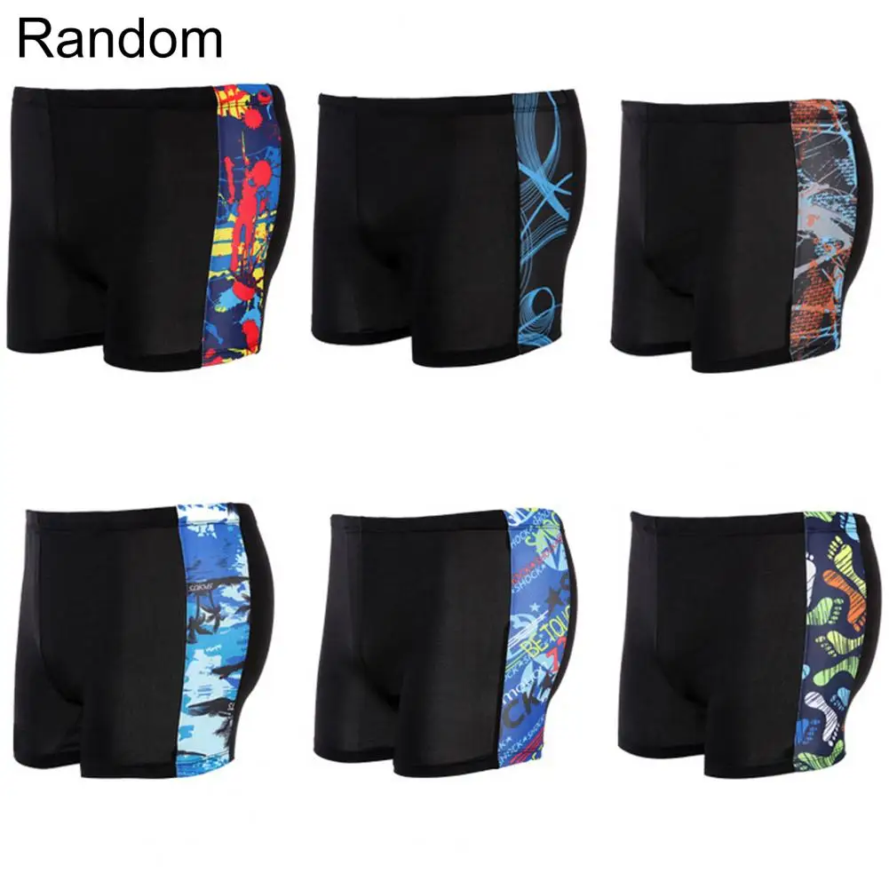 Swimming Shorts Inside Drawstring Beach Shorts Mid Waist Men Swimming Trunks High Elasticity Side Print Bathing Short Pants