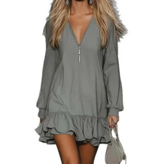 

2025 New Fashion Zipper Ruffle Dress Women Autumn Casual Loose Solid Color V-neck Long-sleeved Mini Dresses For Women