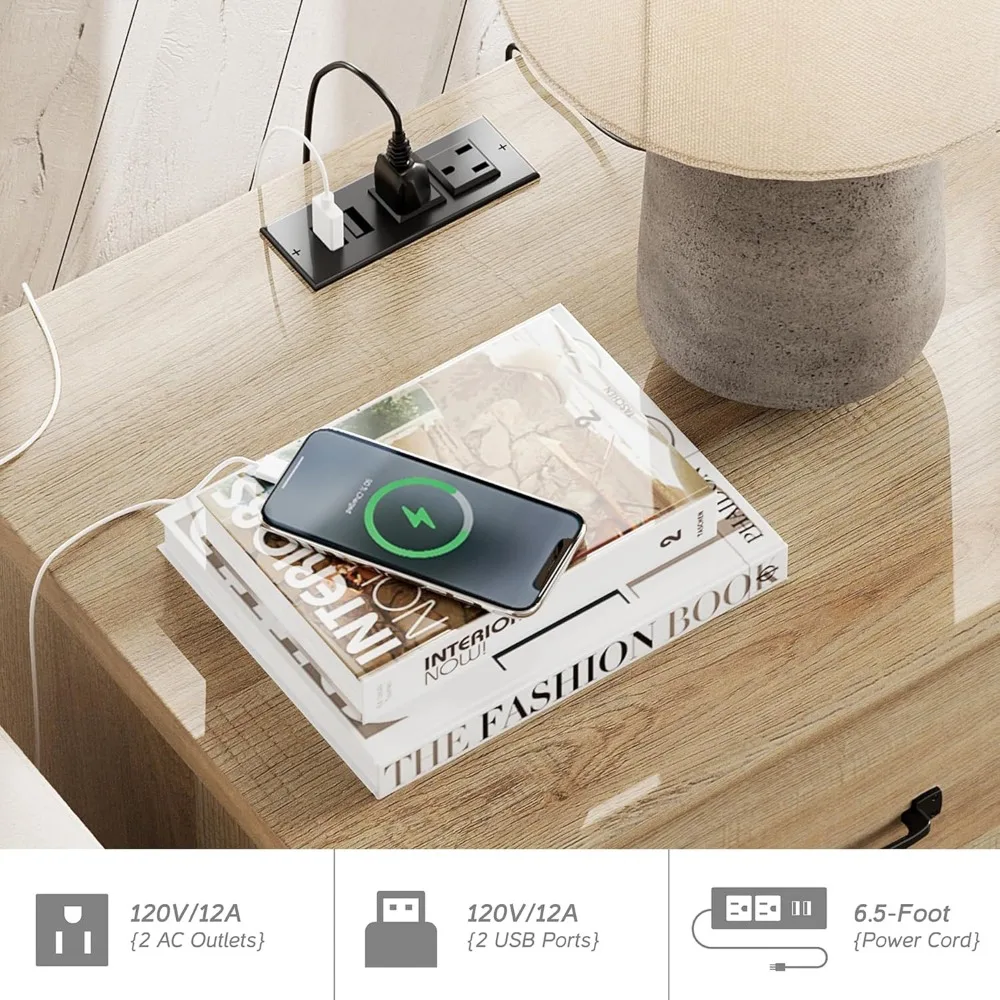 Mesa de cabeceira com estação de carregamento, mesa de cabeceira de 20 polegadas com 2 gavetas, mesa de cabeceira rústica de madeira com sólido