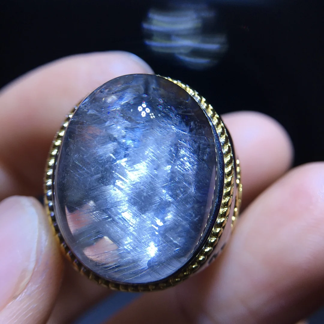 

Natural Brookite Platinum Rutilated Quartz Ring 20.8/16.2mm 925 Sterling Silver Woman Men Water Drop Lucky AAAAA