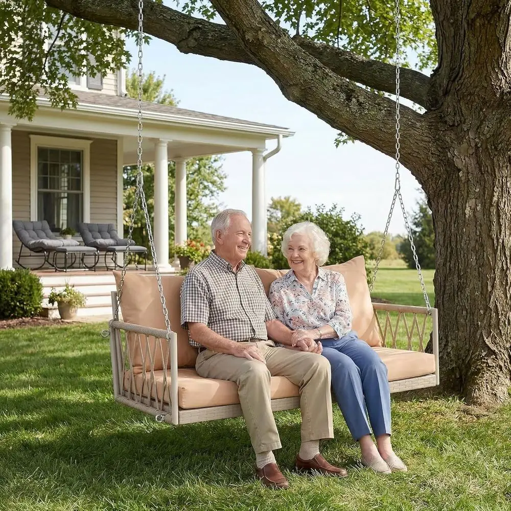 

Durable Weather-Resistant Porch Swing with Upholstery, Steel Chains, and Armrests, Suitable for Patio, Lawn, or Garden, Brown