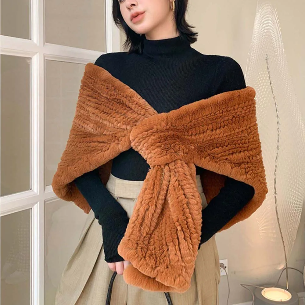 

2025 Women Warm Knitted Real Rex Rabbit Fur Shawl Winter Thick Fashion Genuine Rabbit Fur Shoulder Warmer Female