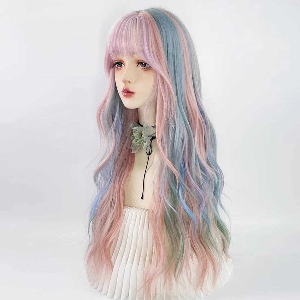 GAKA Synthetic Long Wavy Rainbow Wigs with Bangs Lolita Cosplay Women Natural Hair Heat Resistant Wig for Daily Party