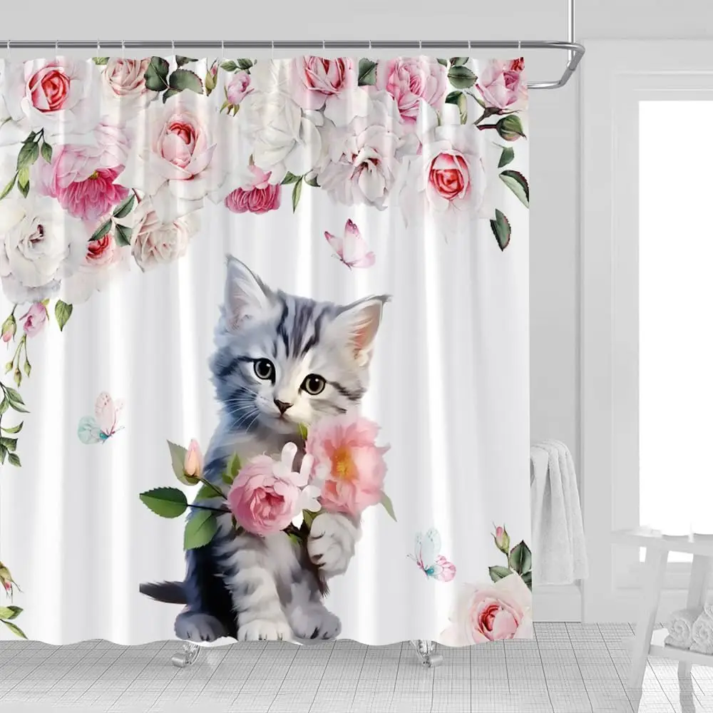 Cute Cat Shower Curtain Watercolor Rose Floral Butterfly Lovely Kitten Rustic Animal Vintage Wildflower Fabric Bathroom Decor