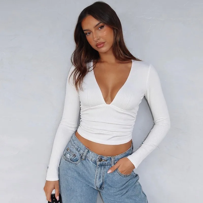 

Autumn Winter V-neck T-shirts Womens Long Sleeve Sexy Crop Top Y2k Clothes Solid Color Streetwear Short T-shirts for Women 2025