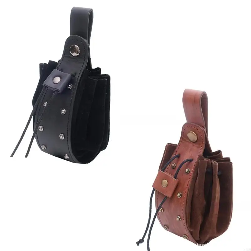 N5KB Medieval Waist Pouches Leather Rivet Waist Coin Bag Pouches Medieval Side Bag