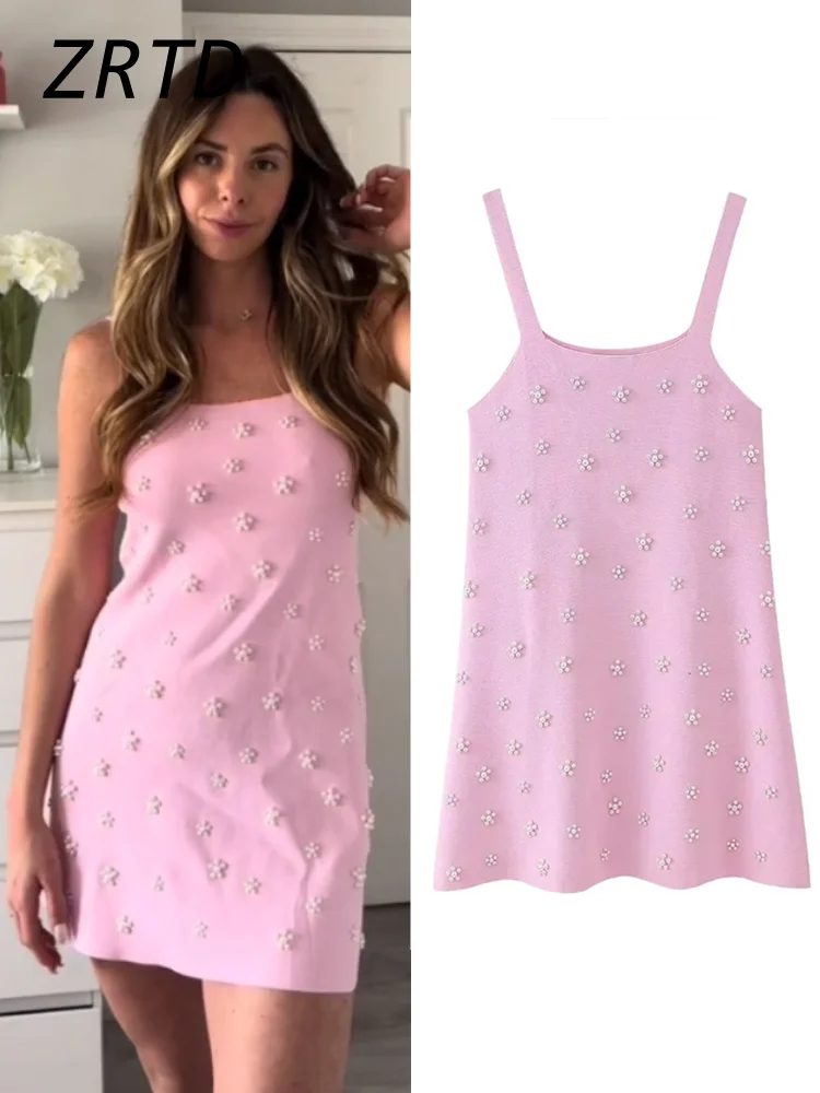 Pearls Knitted Mini Sling Dress Women Fashion Square Collar Sleeveless Backless Female Dresses 2024 Summer Lady Pink Vestido New