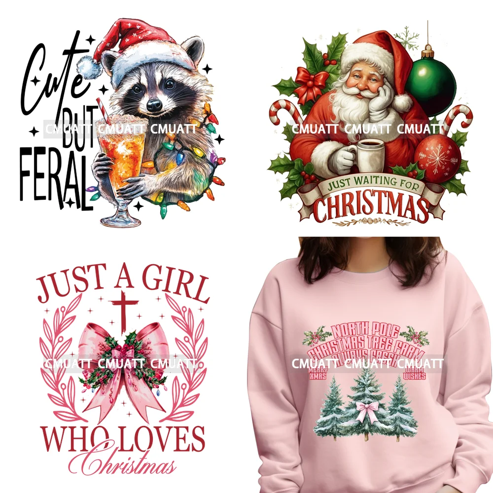 Just A Girl Who Loves Christmas Tis The Season Santa Girly Coquette Bow Heat Transfer Printing DTF Stickers Iron On For T-Shirts